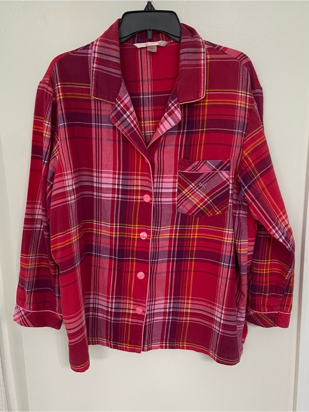 Victoria’s Secret Pink Plaid Flannel Pajama Top XL Rhinestone Pocket Y2K